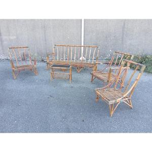 Rattan Living Room Set With Gold-plated Brass Trim From The 1960s–1970s